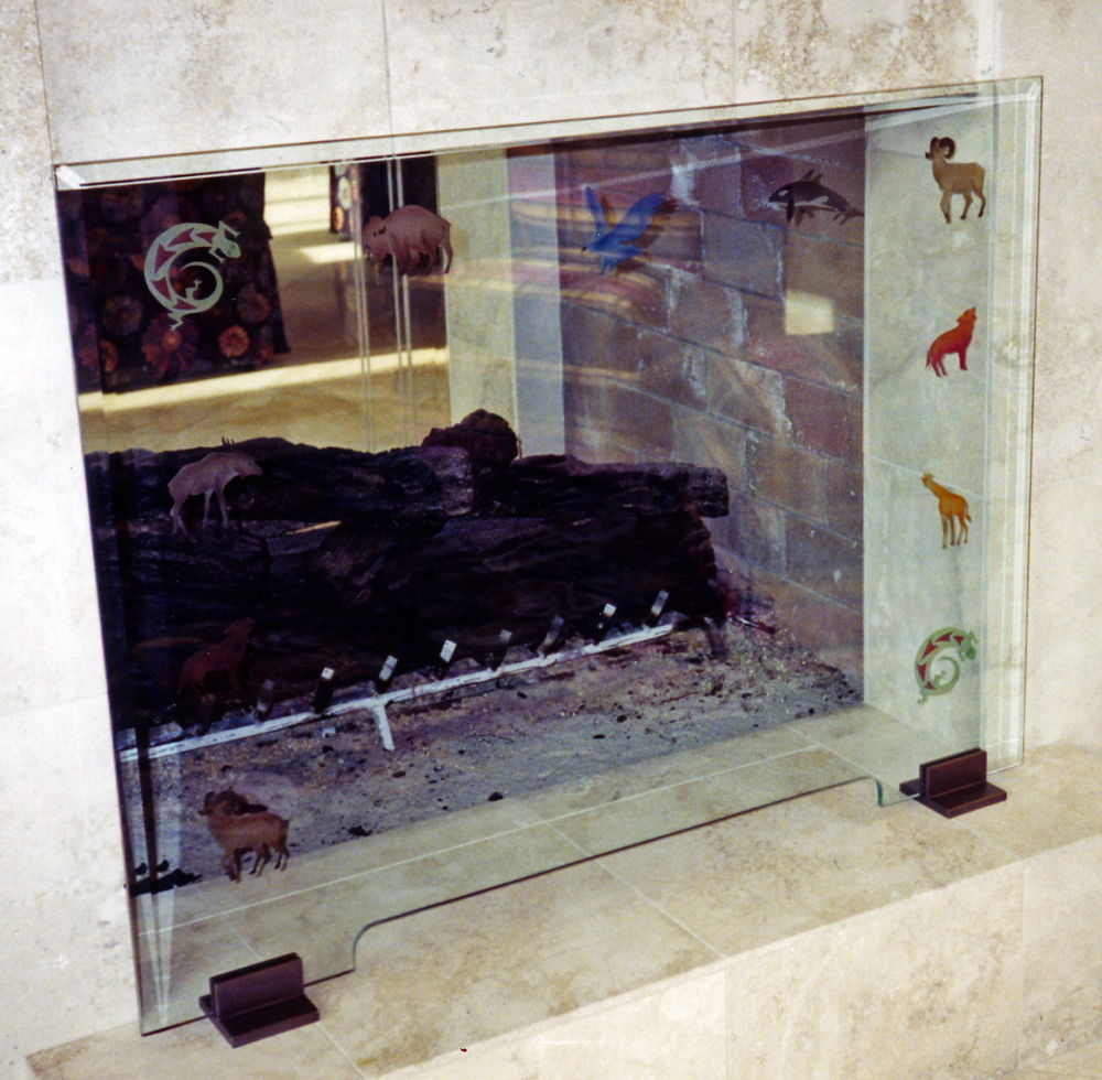 Glass Fireplace Screen :: Carved & Painted Petroglyphs Fireplace Screen Glass