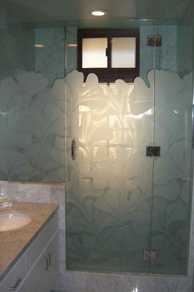 Ginkgo Glass Shower Doors Etched Frameless Glass Shower Doors Sandblasted Asian Style Plants Nature Ginkgo Leaves Sans Soucie