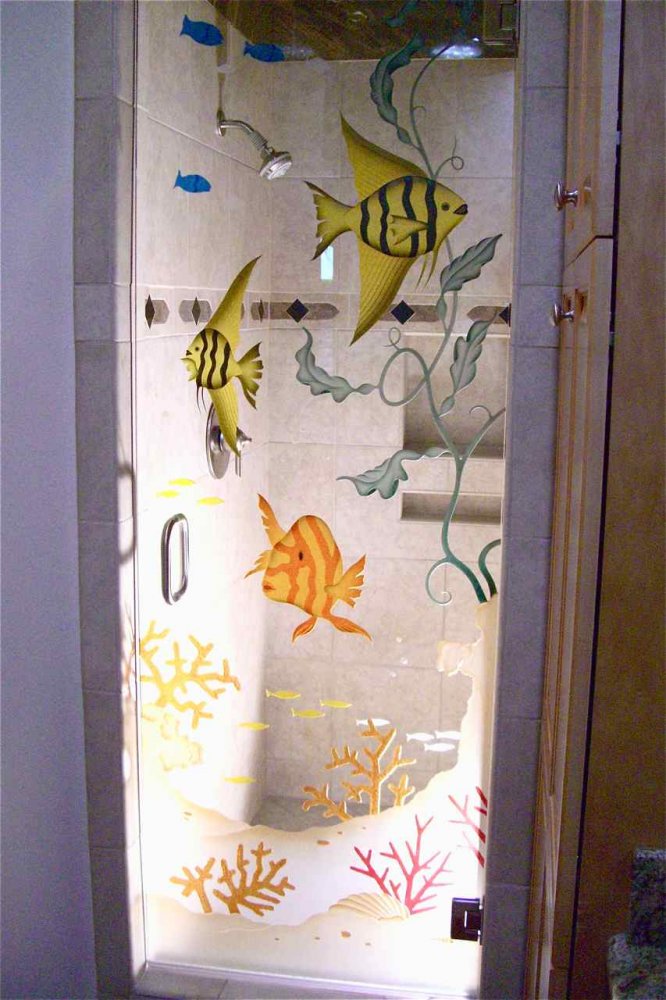 Aquarium 3d Glass Shower Doors Etched Beach Style Aquarium 3d Painted Glass Shower Doors Etched Beach Style