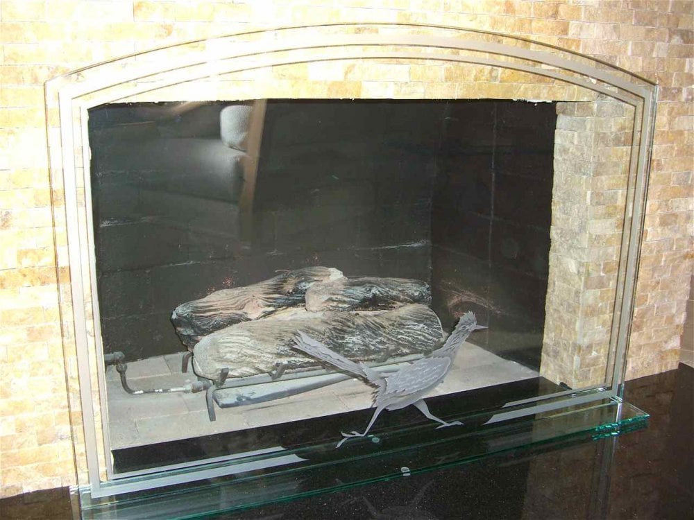 Glass Fireplace Screen:: Etched & Carved glass Roadrunner Design Fireplace Screen