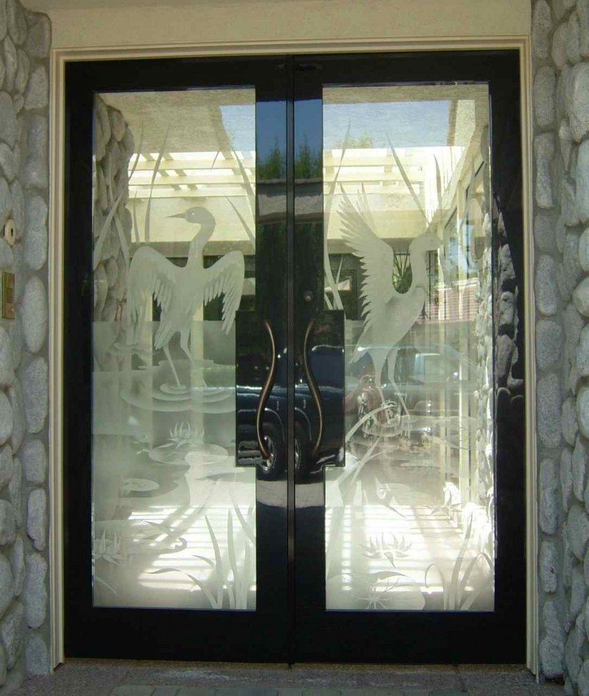 Design Asian Decor cranes ii 2d etched glass doors asian decor double entry door with birds lake wildlife scene