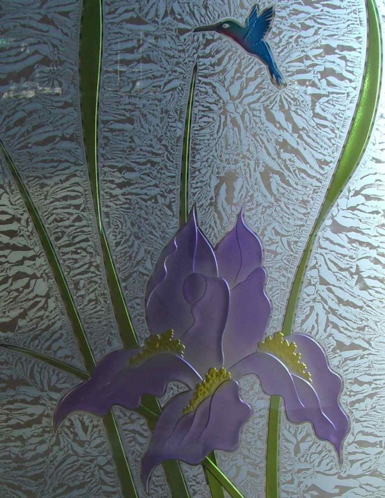 Iris Hummingbird 3D Paint GC Carved Glass Doors | Sans Soucie